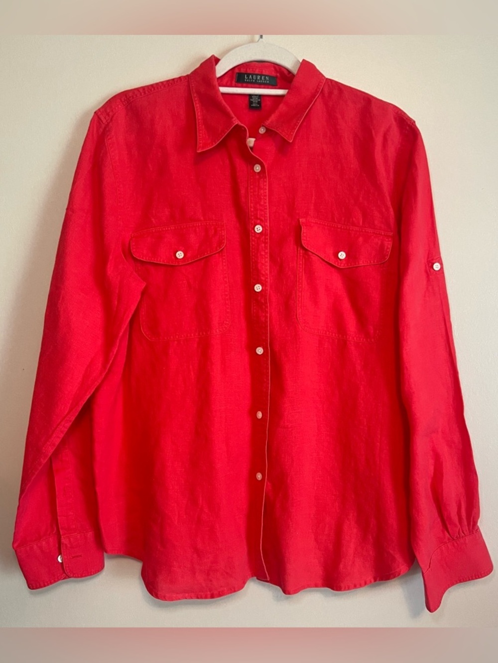 Lauren Ralph Lauren Bright Coral Button-Down Linen Casual Shirt